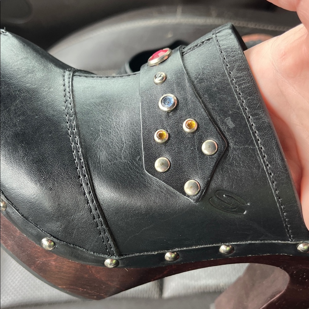Skechers Black Leather Studded Slip-On Clogs with Red Accent Gems - Picture 11 of 11